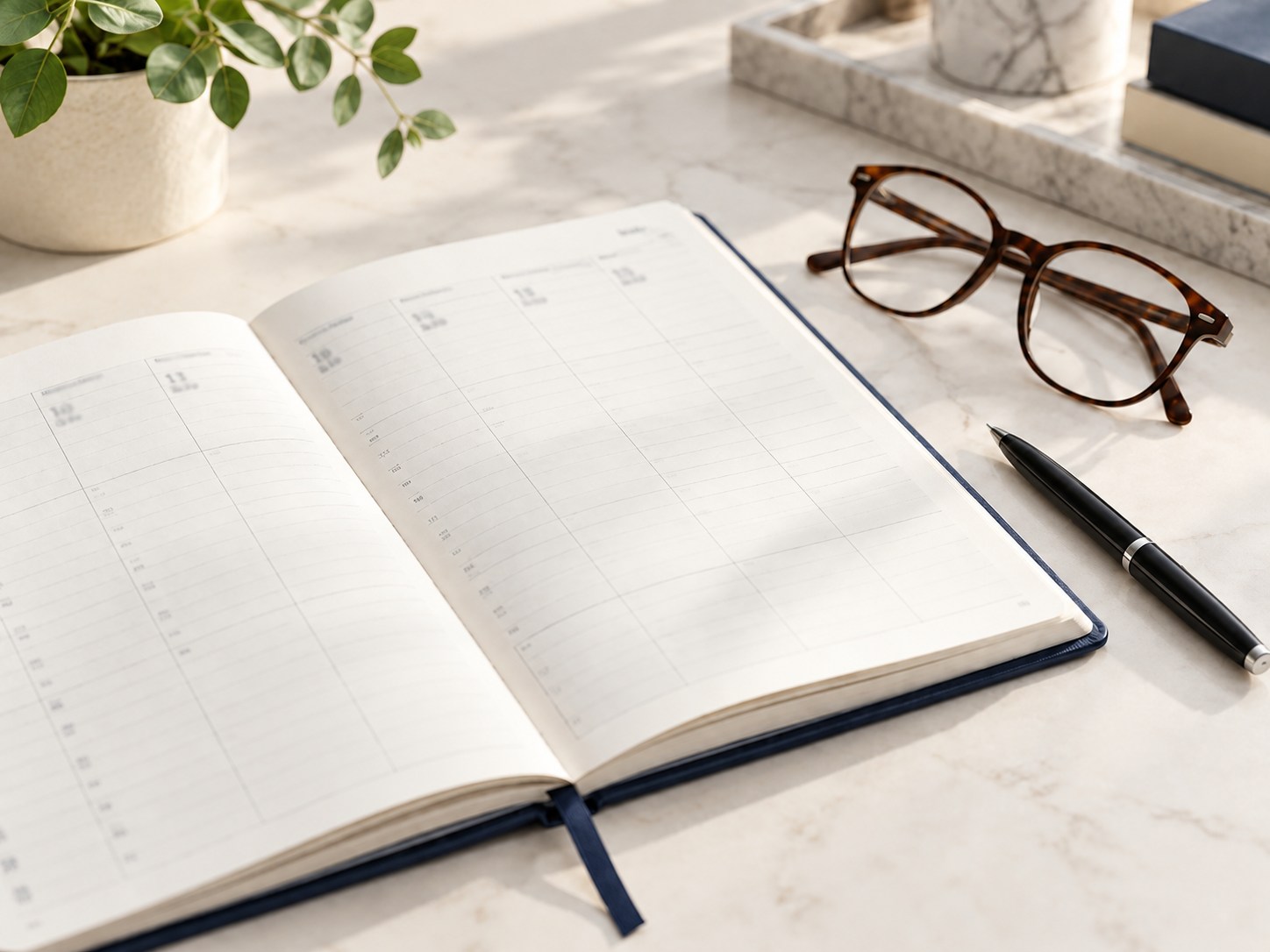 Agenda com óculos e caneta — marcação de consulta
